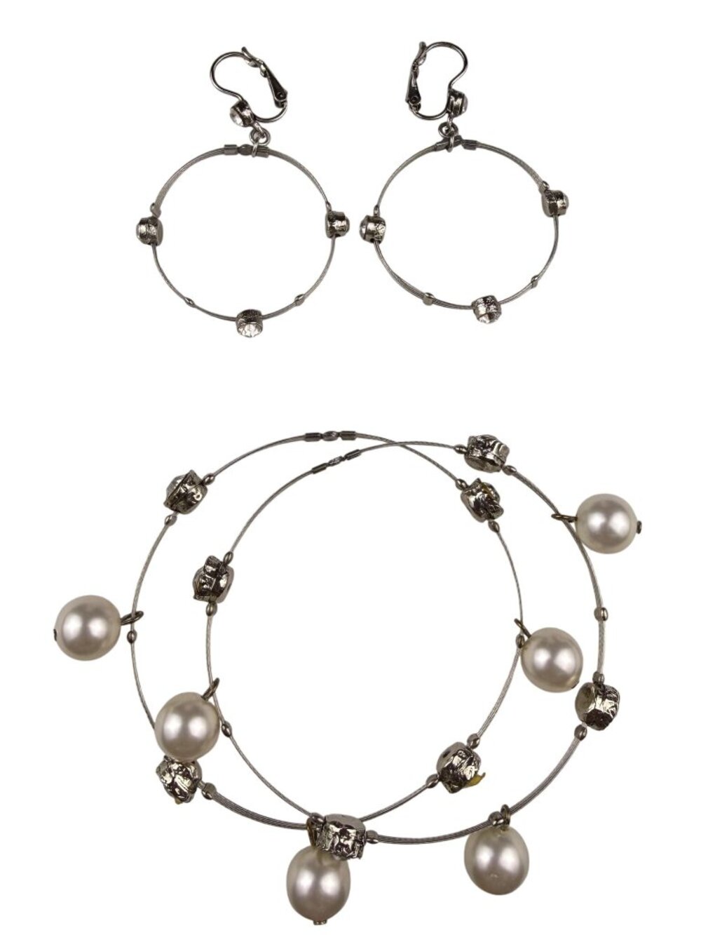 Silver Tone Womens Mixed Bead Hoop Earrings & Wire Bangle Bracelet Set